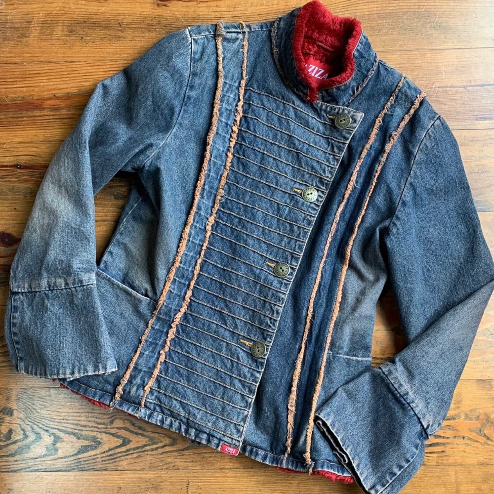 Aziza Denim Jean Jacket Faux Fur Lined Military Oversized